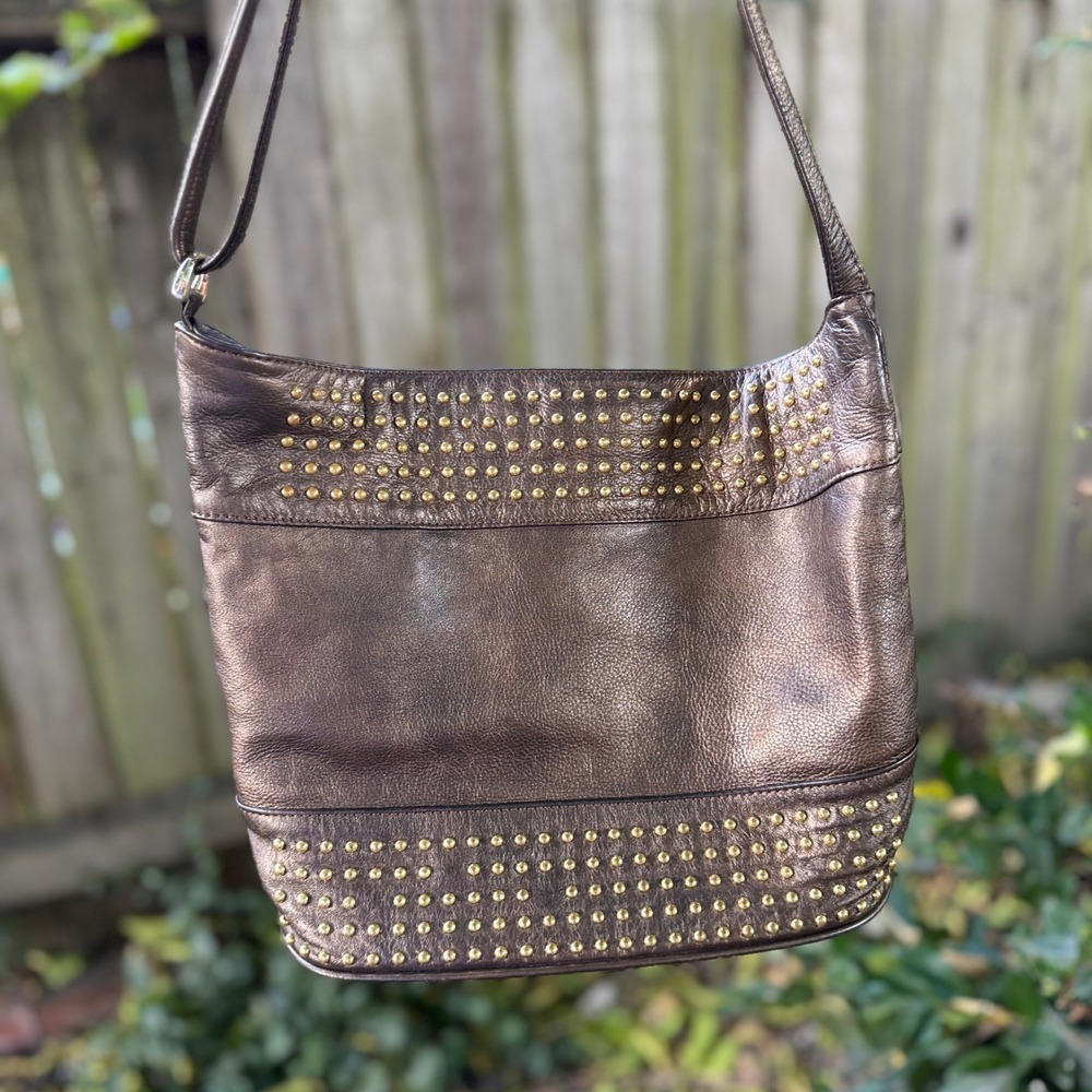 1980s Dawli Metallic Bronze Leather Studded Crossbody Bag Made in USA Gold Studs